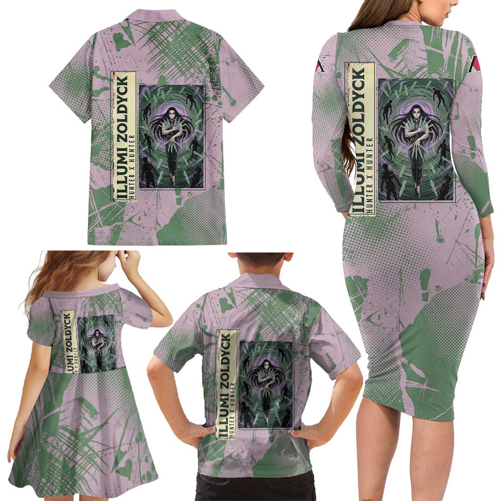 Alluka Zoldyck Theme Purple and Green Paint Splatter Design Family Matching Long Sleeve Bodycon Dress and Hawaiian Shirt with Nen Ability Artwork and Character Card Style