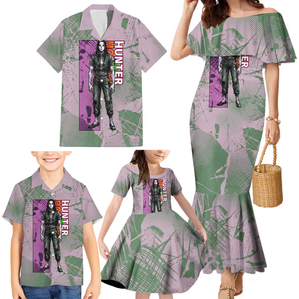 Alluka Zoldyck Theme Purple and Green Paint Splatter Design Family Matching Mermaid Dress and Hawaiian Shirt with Nen Ability Artwork and Character Card Style
