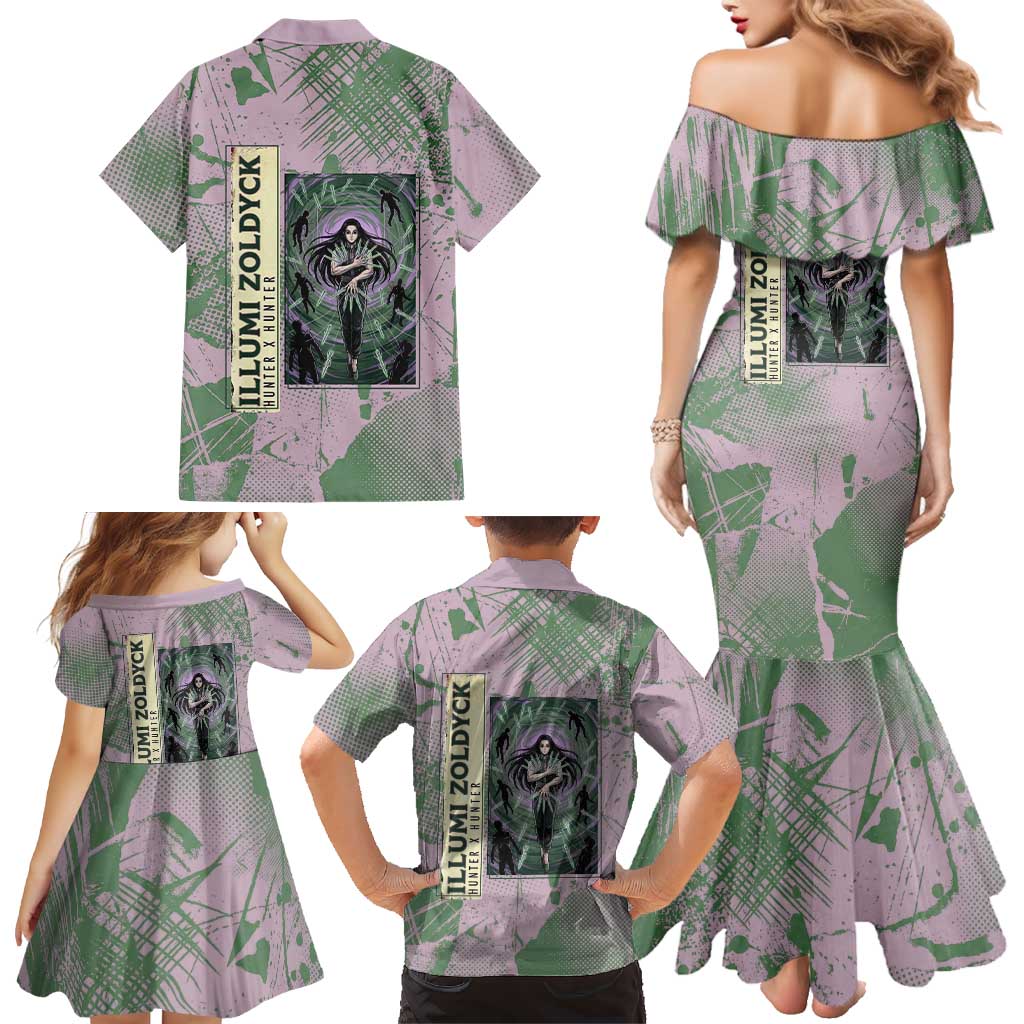 Alluka Zoldyck Theme Purple and Green Paint Splatter Design Family Matching Mermaid Dress and Hawaiian Shirt with Nen Ability Artwork and Character Card Style