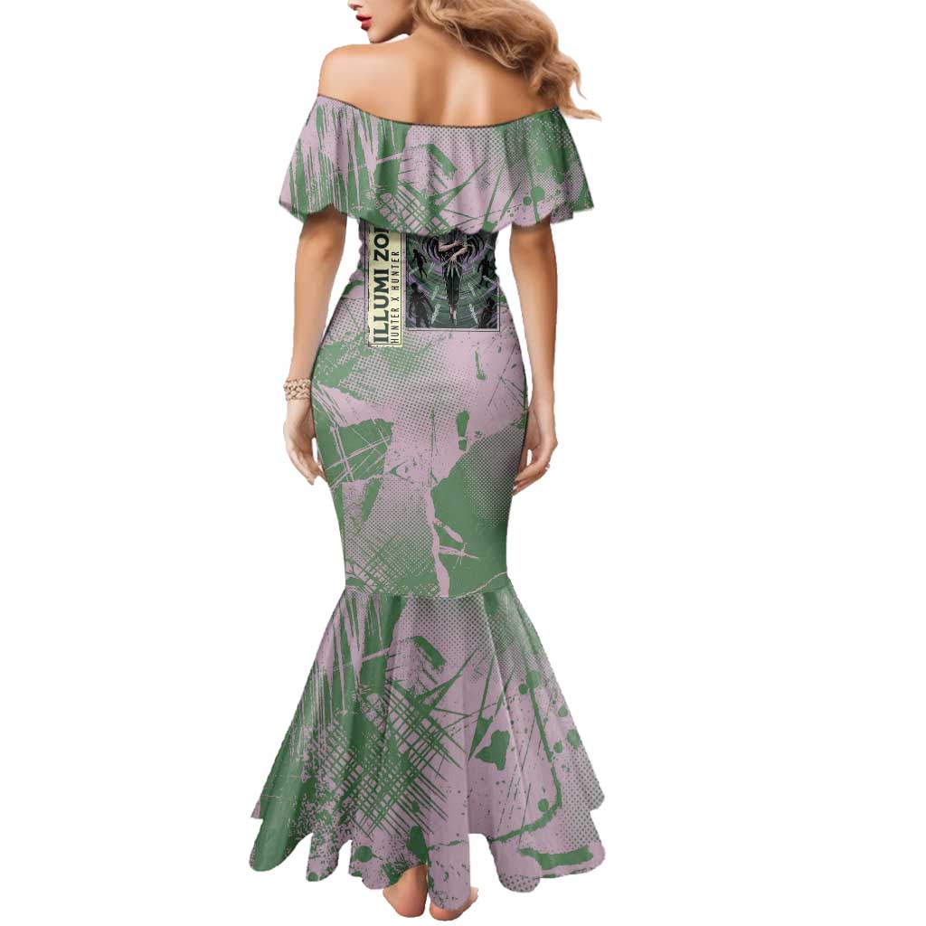 Alluka Zoldyck Theme Purple and Green Paint Splatter Design Family Matching Mermaid Dress and Hawaiian Shirt with Nen Ability Artwork and Character Card Style