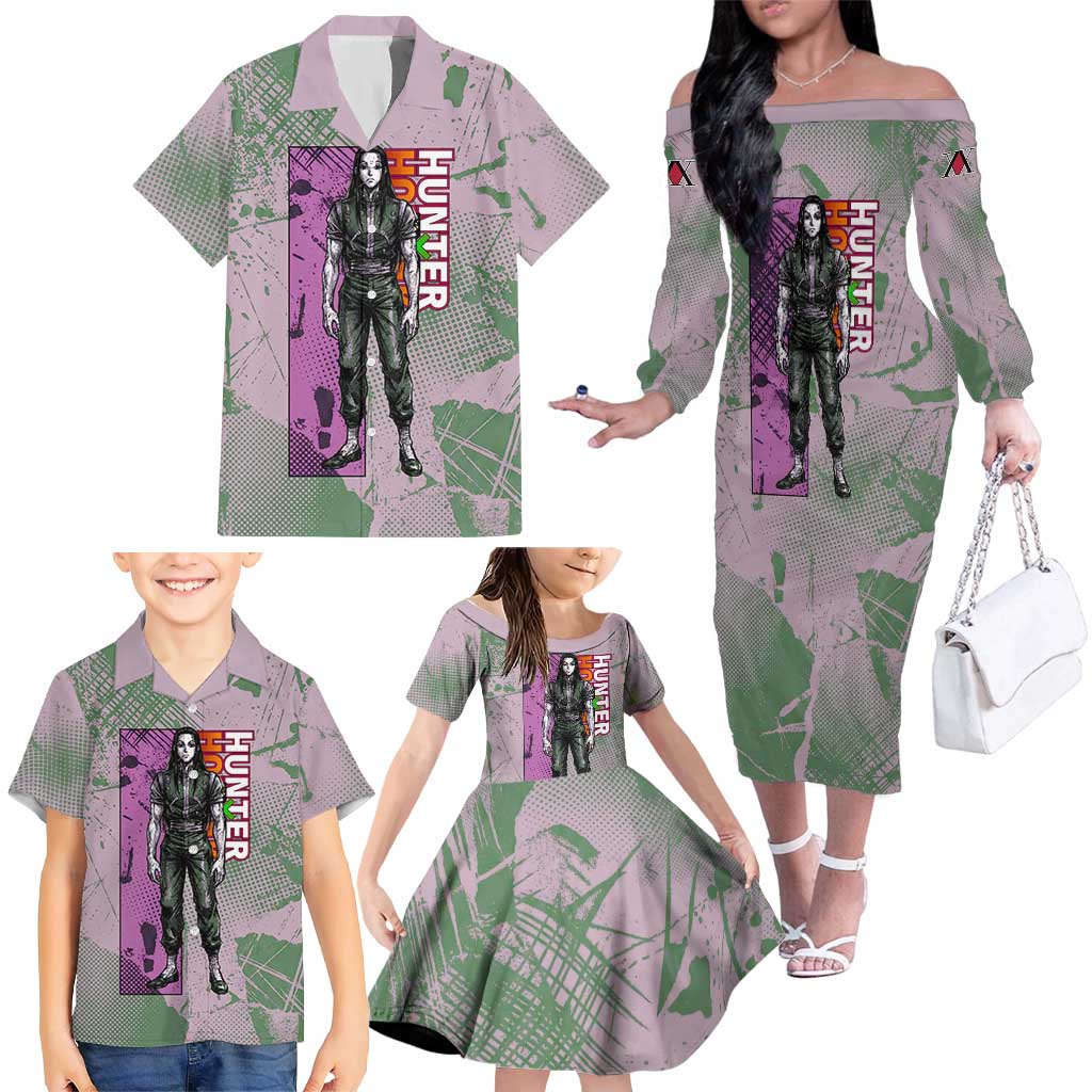 Alluka Zoldyck Theme Purple and Green Paint Splatter Design Family Matching Off The Shoulder Long Sleeve Dress and Hawaiian Shirt with Nen Ability Artwork and Character Card Style