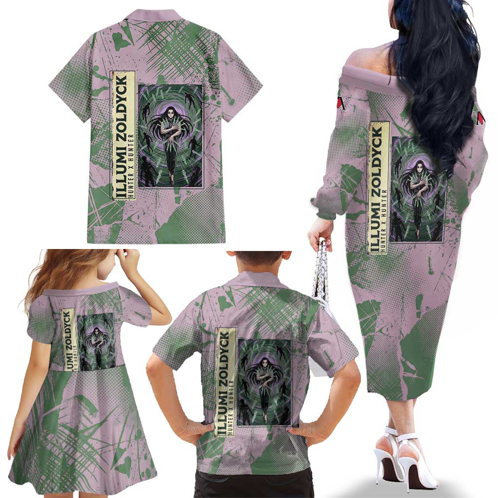 Alluka Zoldyck Theme Purple and Green Paint Splatter Design Family Matching Off The Shoulder Long Sleeve Dress and Hawaiian Shirt with Nen Ability Artwork and Character Card Style