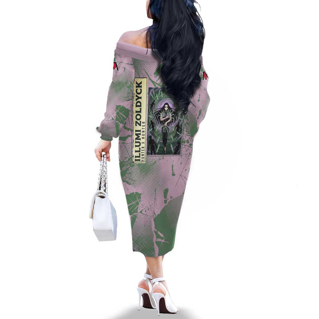 Alluka Zoldyck Theme Purple and Green Paint Splatter Design Family Matching Off The Shoulder Long Sleeve Dress and Hawaiian Shirt with Nen Ability Artwork and Character Card Style
