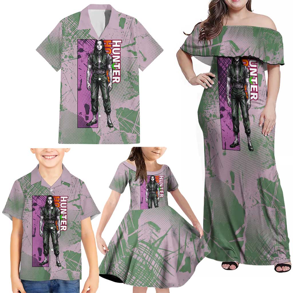 Alluka Zoldyck Theme Purple and Green Paint Splatter Design Family Matching Off Shoulder Maxi Dress and Hawaiian Shirt with Nen Ability Artwork and Character Card Style