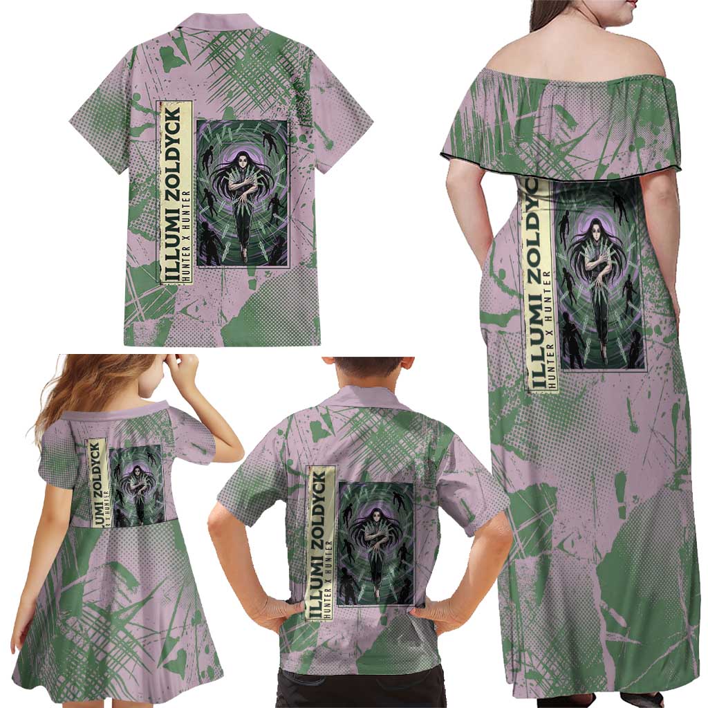 Alluka Zoldyck Theme Purple and Green Paint Splatter Design Family Matching Off Shoulder Maxi Dress and Hawaiian Shirt with Nen Ability Artwork and Character Card Style