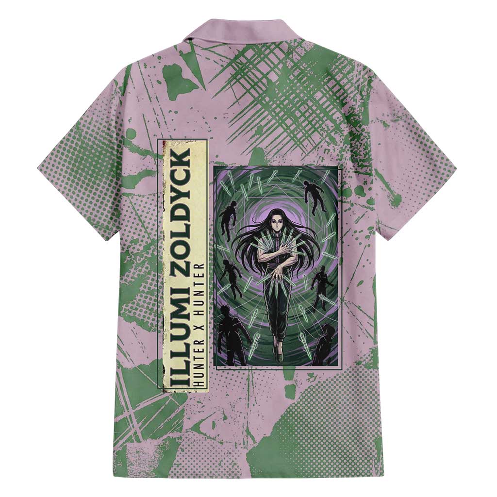 Alluka Zoldyck Theme Purple and Green Paint Splatter Design Family Matching Off Shoulder Maxi Dress and Hawaiian Shirt with Nen Ability Artwork and Character Card Style