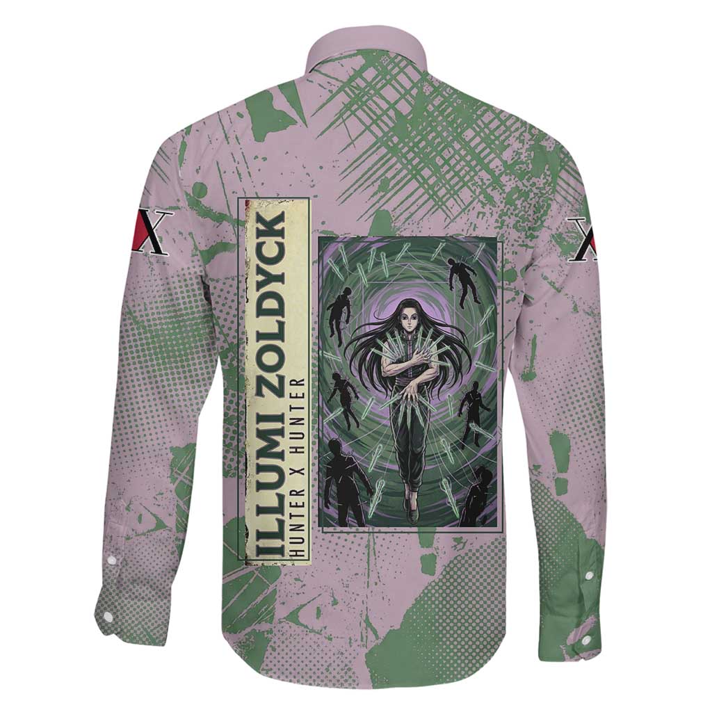 Alluka Zoldyck Theme Purple and Green Paint Splatter Design Family Matching Off Shoulder Maxi Dress and Hawaiian Shirt with Nen Ability Artwork and Character Card Style