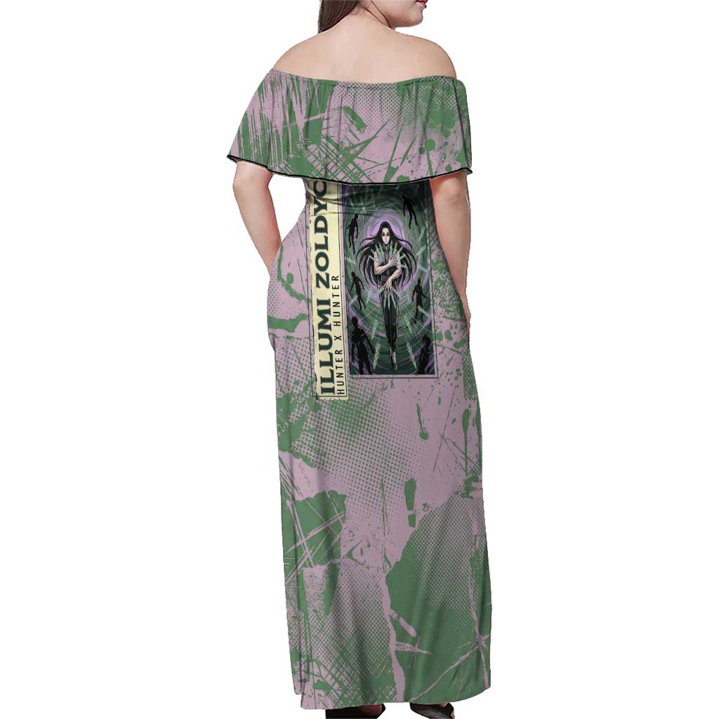 Alluka Zoldyck Theme Purple and Green Paint Splatter Design Family Matching Off Shoulder Maxi Dress and Hawaiian Shirt with Nen Ability Artwork and Character Card Style