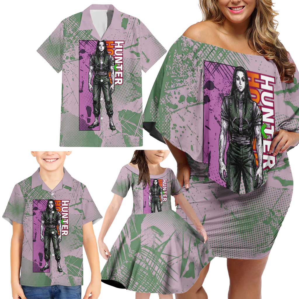 Alluka Zoldyck Theme Purple and Green Paint Splatter Design Family Matching Off Shoulder Short Dress and Hawaiian Shirt with Nen Ability Artwork and Character Card Style