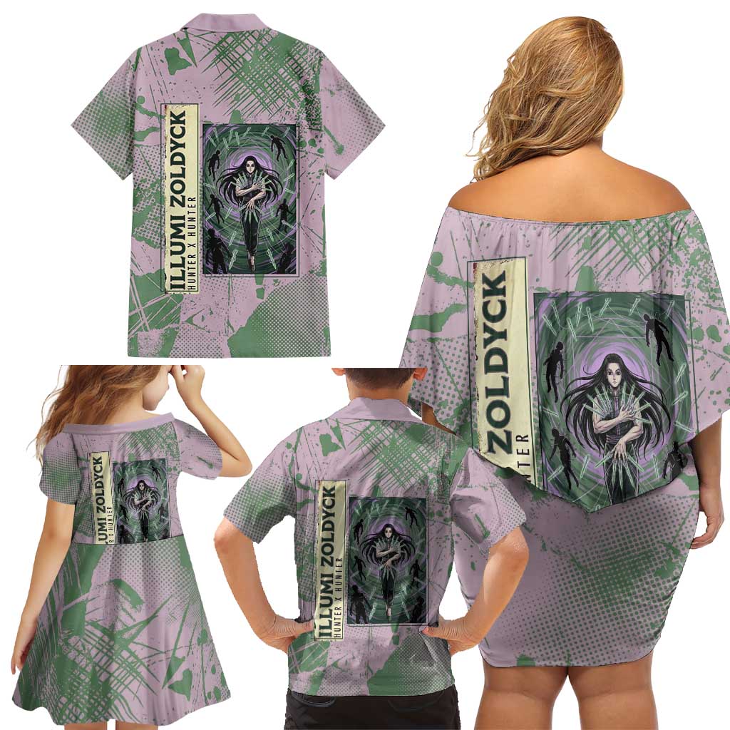 Alluka Zoldyck Theme Purple and Green Paint Splatter Design Family Matching Off Shoulder Short Dress and Hawaiian Shirt with Nen Ability Artwork and Character Card Style