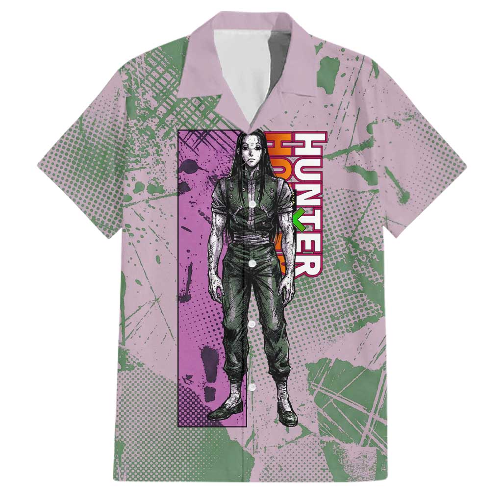 Alluka Zoldyck Theme Purple and Green Paint Splatter Design Family Matching Off Shoulder Short Dress and Hawaiian Shirt with Nen Ability Artwork and Character Card Style