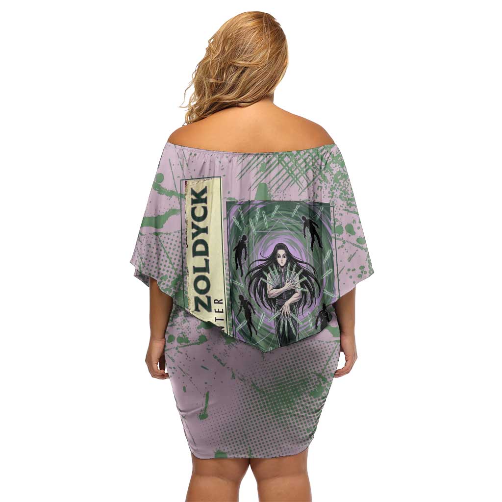 Alluka Zoldyck Theme Purple and Green Paint Splatter Design Family Matching Off Shoulder Short Dress and Hawaiian Shirt with Nen Ability Artwork and Character Card Style