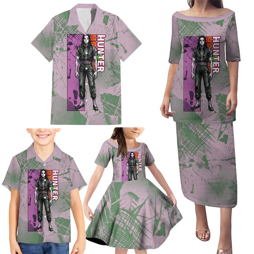 Alluka Zoldyck Theme Purple and Green Paint Splatter Design Family Matching Puletasi and Hawaiian Shirt with Nen Ability Artwork and Character Card Style