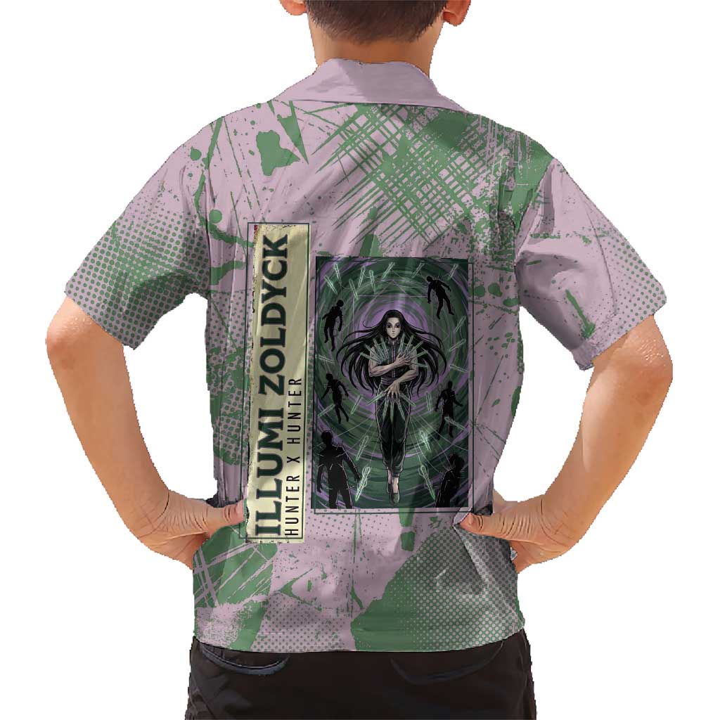 Alluka Zoldyck Theme Purple and Green Paint Splatter Design Family Matching Puletasi and Hawaiian Shirt with Nen Ability Artwork and Character Card Style
