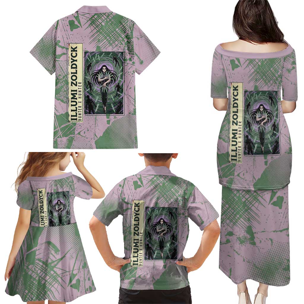 Alluka Zoldyck Theme Purple and Green Paint Splatter Design Family Matching Puletasi and Hawaiian Shirt with Nen Ability Artwork and Character Card Style