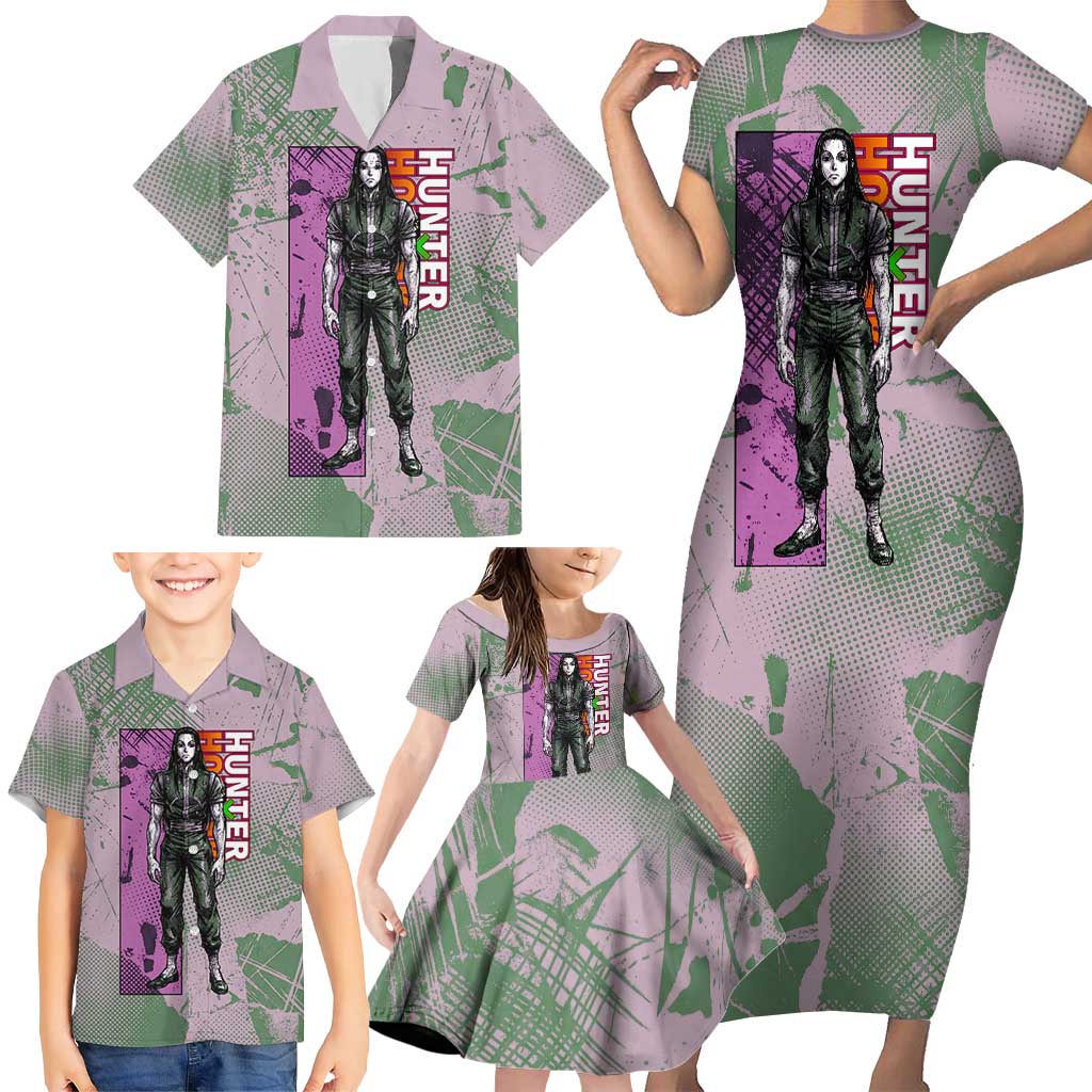 Alluka Zoldyck Theme Purple and Green Paint Splatter Design Family Matching Short Sleeve Bodycon Dress and Hawaiian Shirt with Nen Ability Artwork and Character Card Style