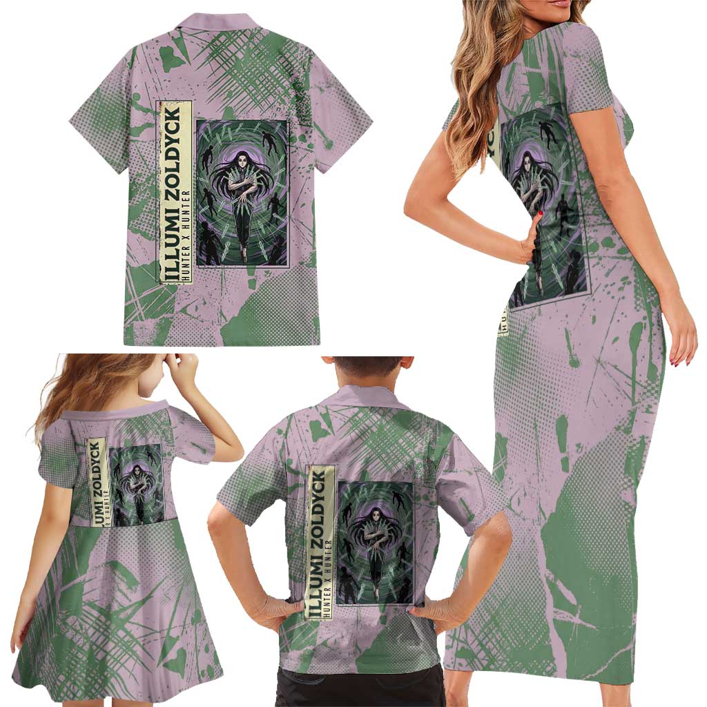 Alluka Zoldyck Theme Purple and Green Paint Splatter Design Family Matching Short Sleeve Bodycon Dress and Hawaiian Shirt with Nen Ability Artwork and Character Card Style