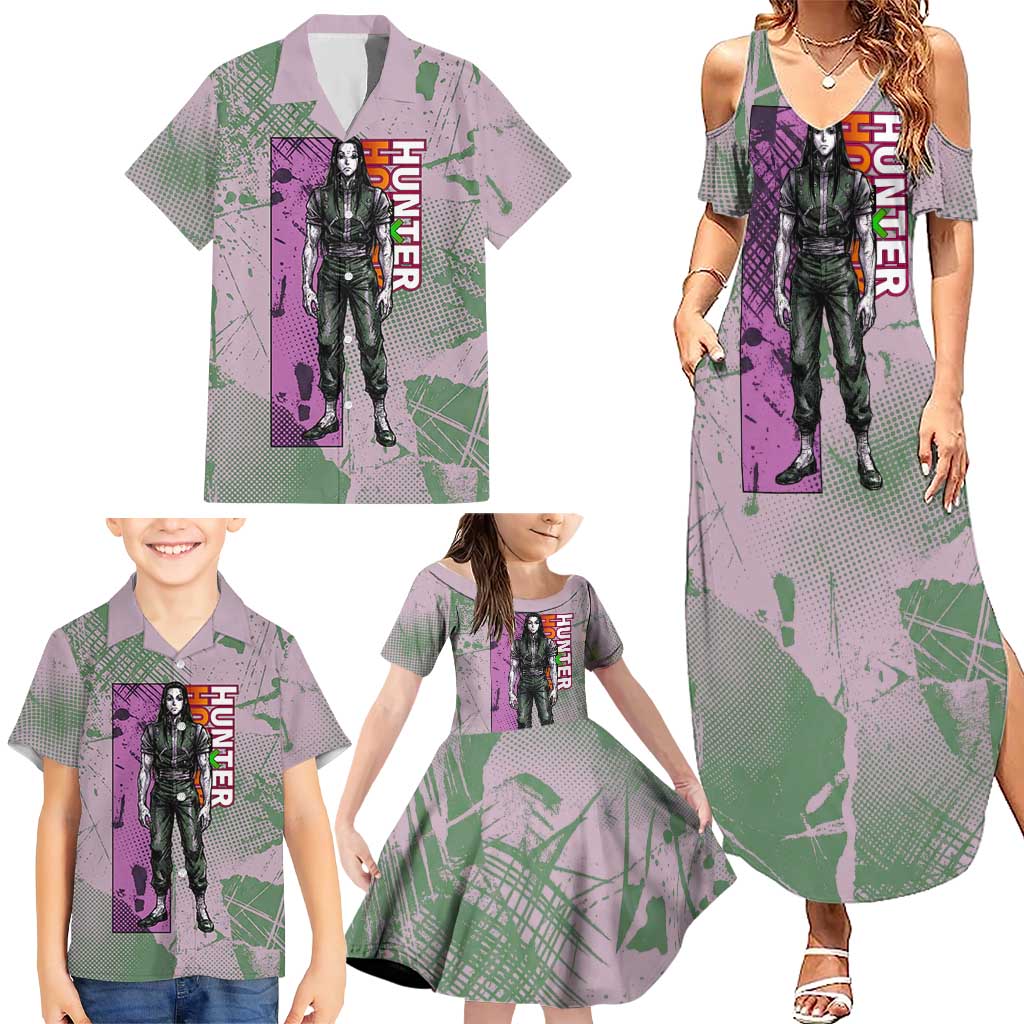 Alluka Zoldyck Theme Purple and Green Paint Splatter Design Family Matching Summer Maxi Dress and Hawaiian Shirt with Nen Ability Artwork and Character Card Style