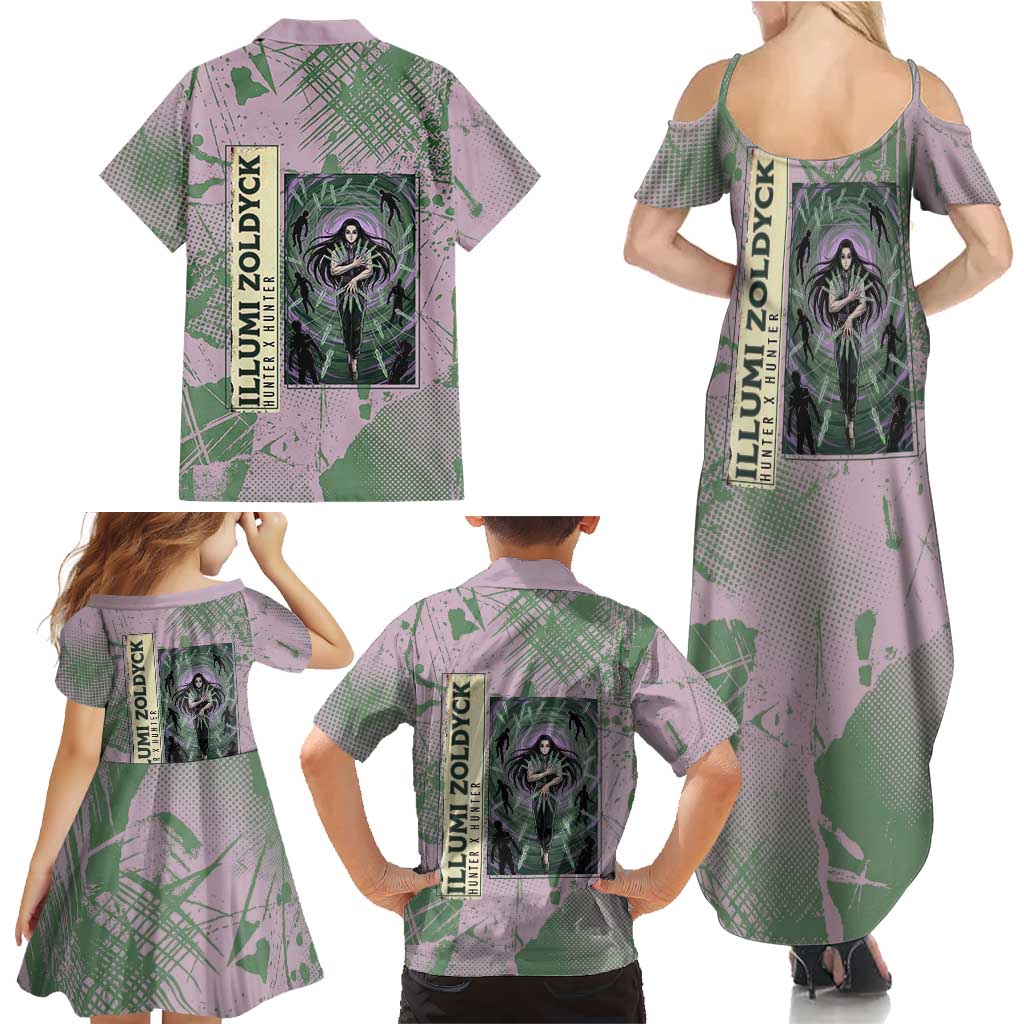 Alluka Zoldyck Theme Purple and Green Paint Splatter Design Family Matching Summer Maxi Dress and Hawaiian Shirt with Nen Ability Artwork and Character Card Style