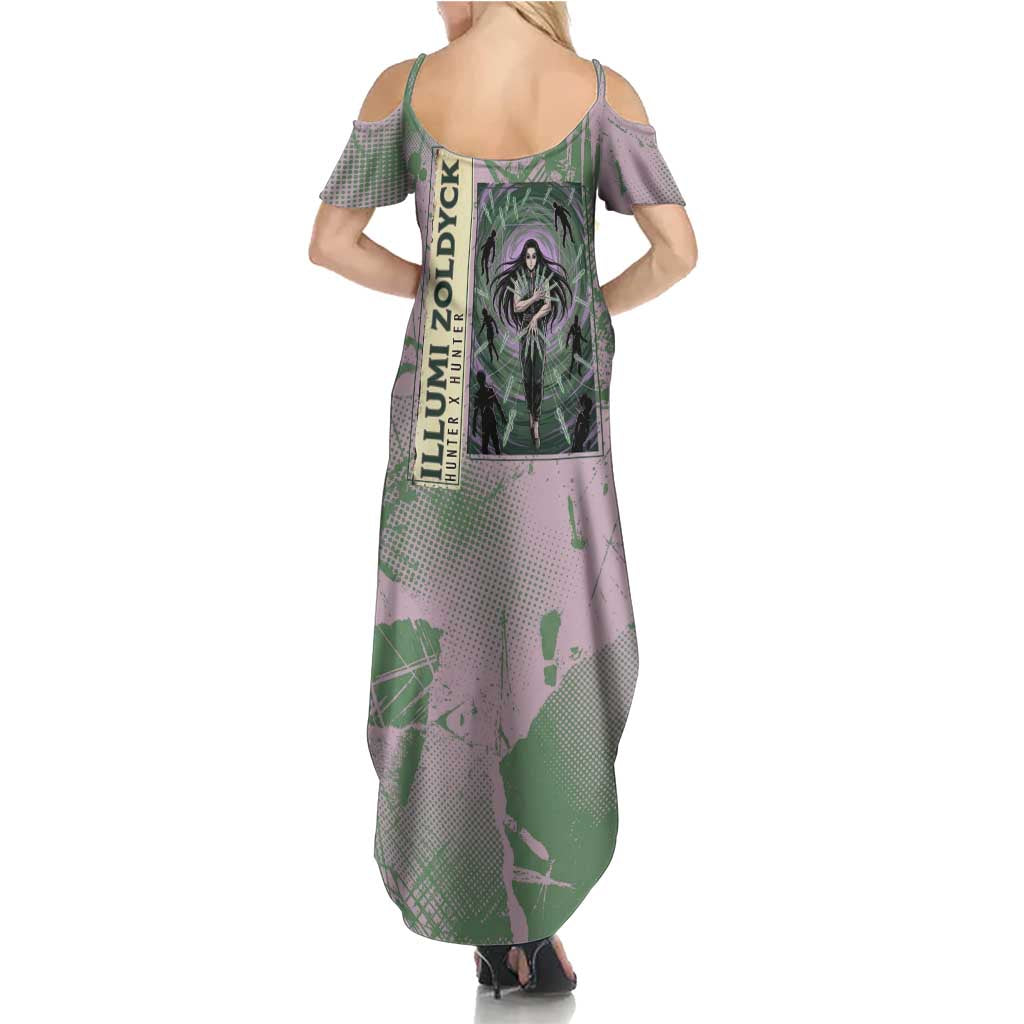 Alluka Zoldyck Theme Purple and Green Paint Splatter Design Family Matching Summer Maxi Dress and Hawaiian Shirt with Nen Ability Artwork and Character Card Style