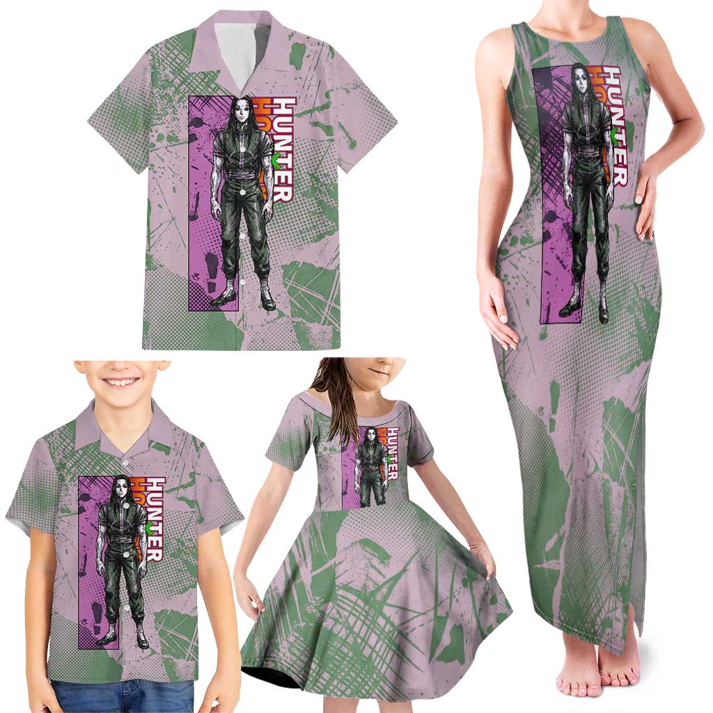 Alluka Zoldyck Theme Purple and Green Paint Splatter Design Family Matching Tank Maxi Dress and Hawaiian Shirt with Nen Ability Artwork and Character Card Style