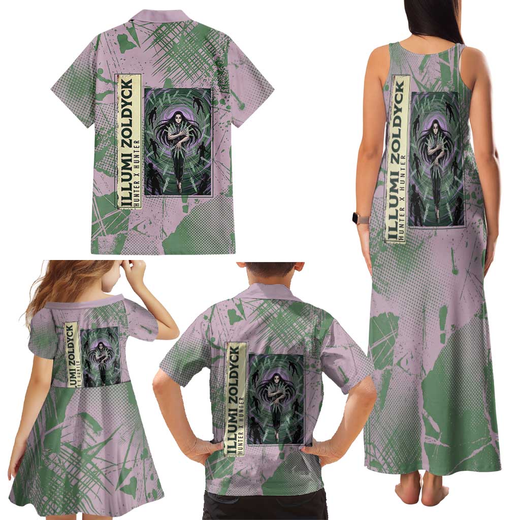 Alluka Zoldyck Theme Purple and Green Paint Splatter Design Family Matching Tank Maxi Dress and Hawaiian Shirt with Nen Ability Artwork and Character Card Style