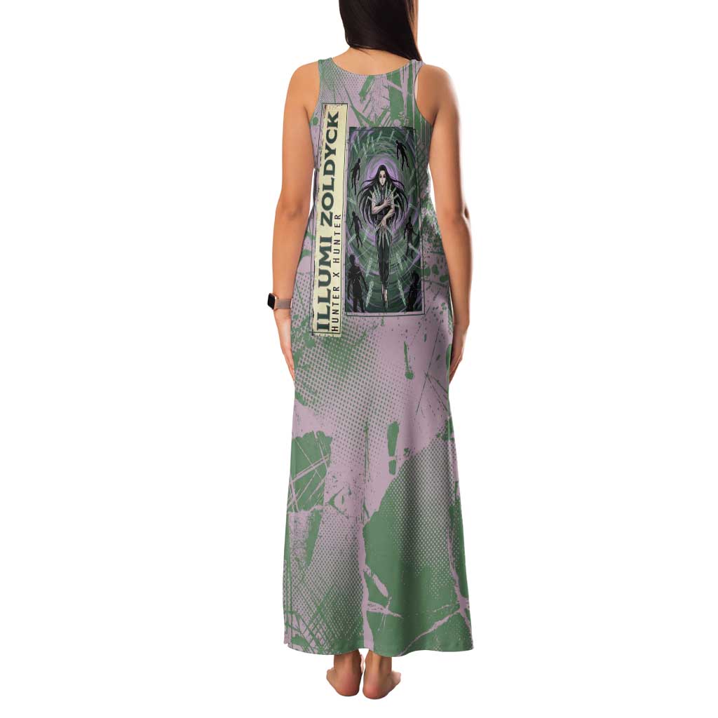 Alluka Zoldyck Theme Purple and Green Paint Splatter Design Family Matching Tank Maxi Dress and Hawaiian Shirt with Nen Ability Artwork and Character Card Style