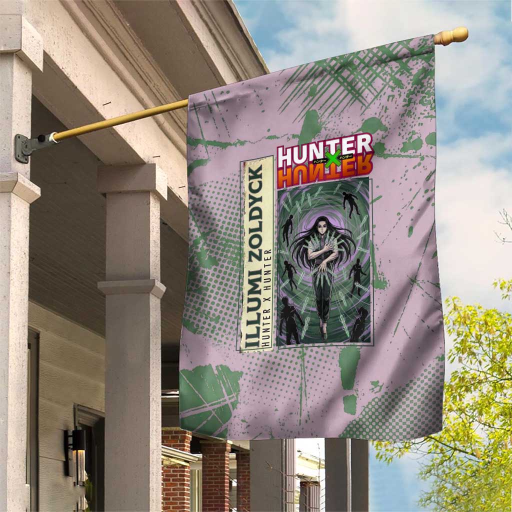 Alluka Zoldyck Theme Purple and Green Paint Splatter Design Garden Flag with Nen Ability Artwork and Character Card Style - The Mazicc