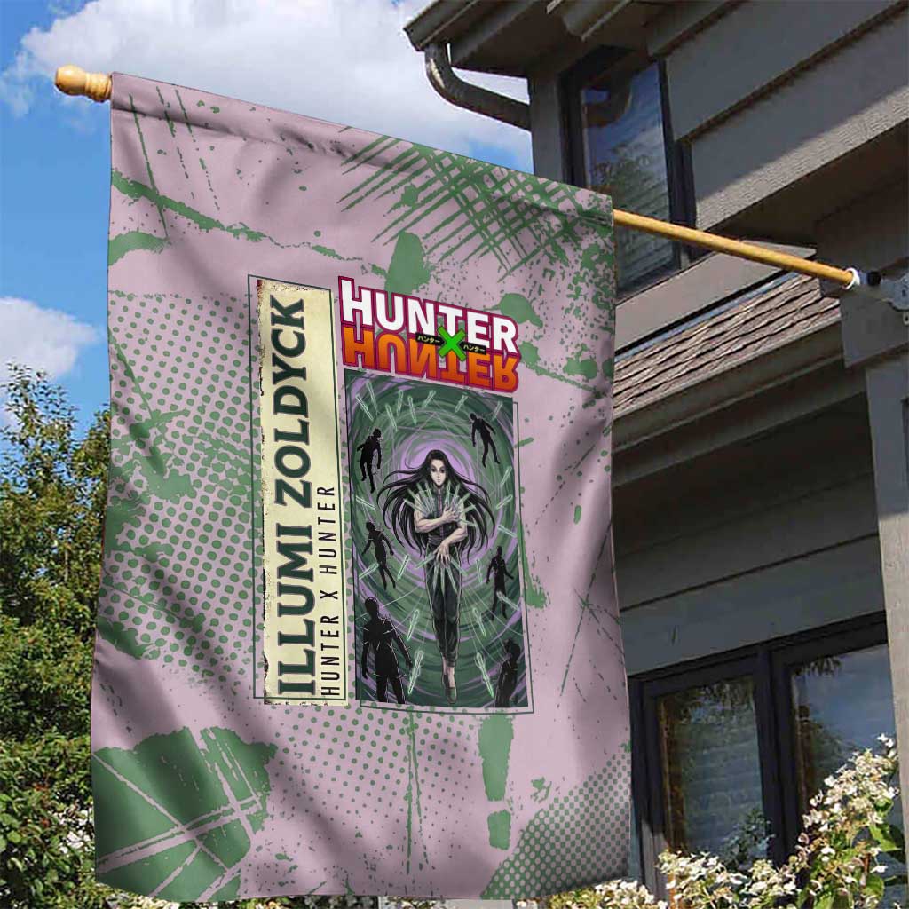 Alluka Zoldyck Theme Purple and Green Paint Splatter Design Garden Flag with Nen Ability Artwork and Character Card Style - The Mazicc