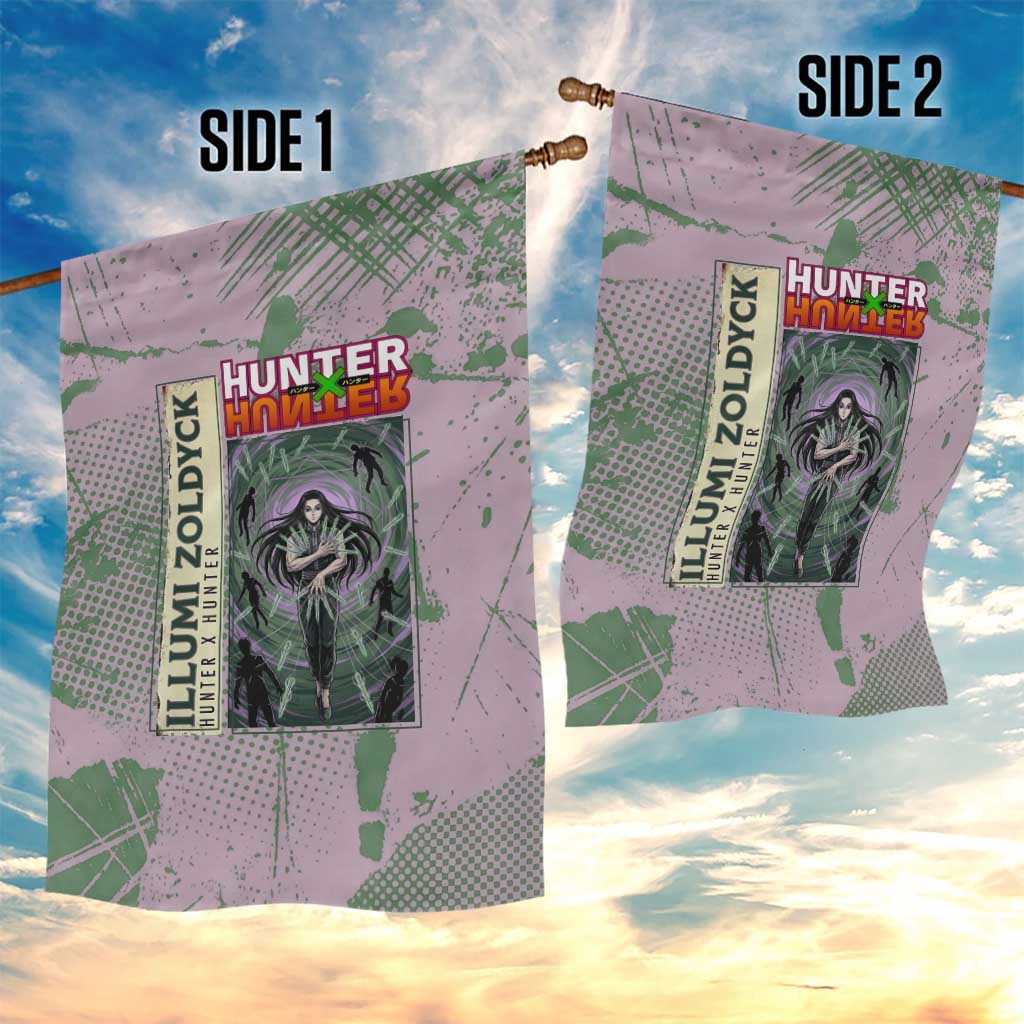 Alluka Zoldyck Theme Purple and Green Paint Splatter Design Garden Flag with Nen Ability Artwork and Character Card Style - The Mazicc