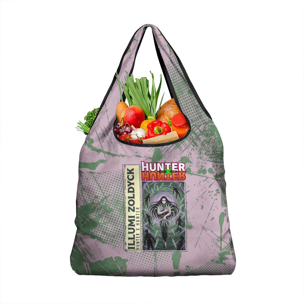 Alluka Zoldyck Theme Purple and Green Paint Splatter Design Grocery Bag with Nen Ability Artwork and Character Card Style - The Mazicc