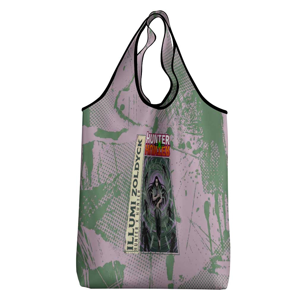 Alluka Zoldyck Theme Purple and Green Paint Splatter Design Grocery Bag with Nen Ability Artwork and Character Card Style - The Mazicc