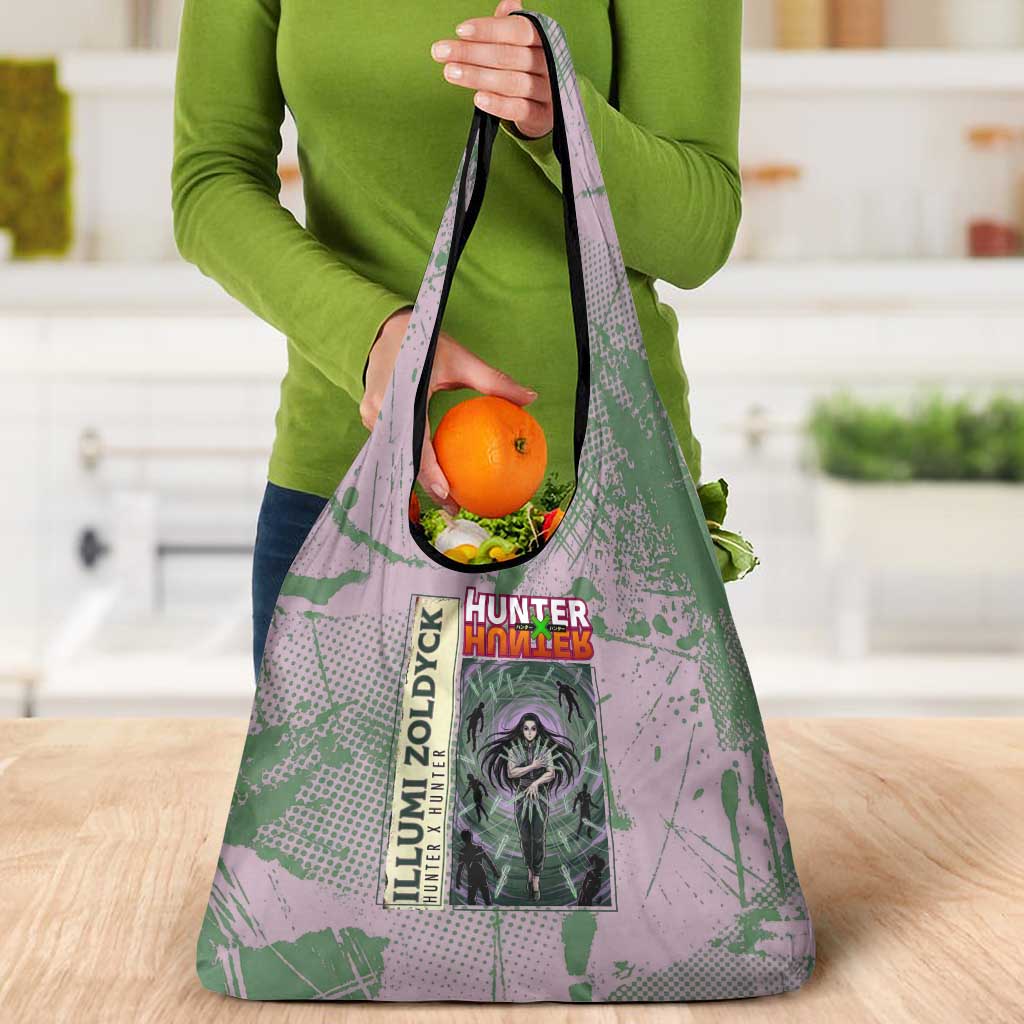 Alluka Zoldyck Theme Purple and Green Paint Splatter Design Grocery Bag with Nen Ability Artwork and Character Card Style - The Mazicc