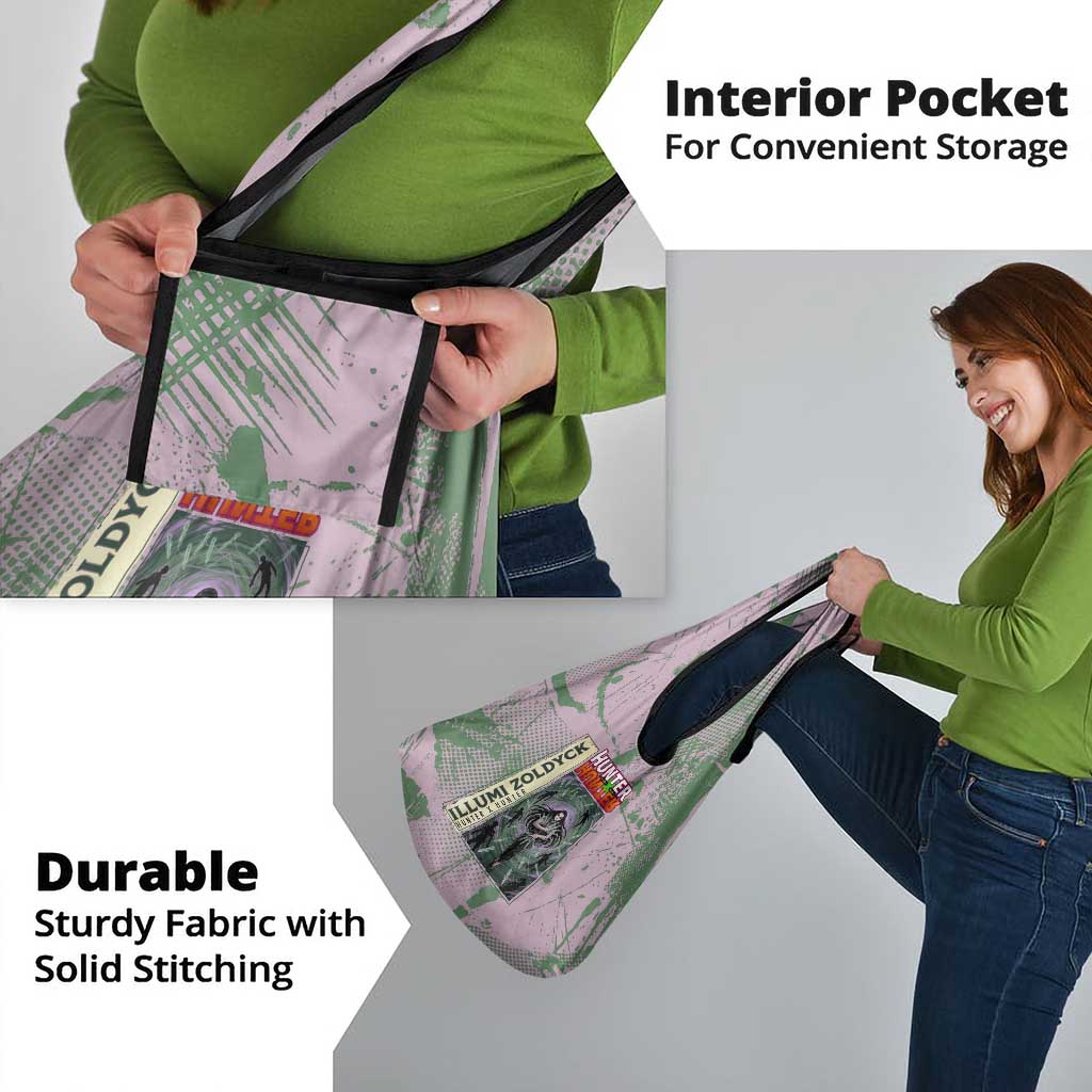 Alluka Zoldyck Theme Purple and Green Paint Splatter Design Grocery Bag with Nen Ability Artwork and Character Card Style - The Mazicc