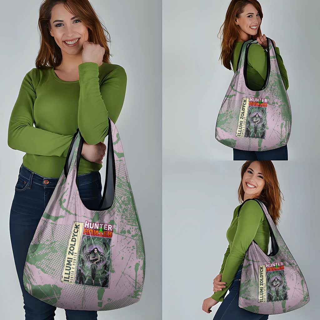 Alluka Zoldyck Theme Purple and Green Paint Splatter Design Grocery Bag with Nen Ability Artwork and Character Card Style - The Mazicc