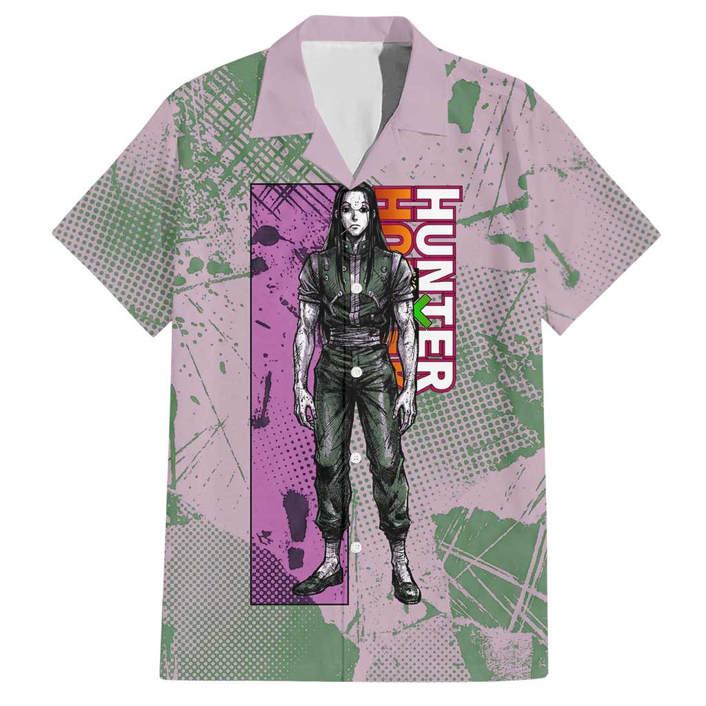 Alluka Zoldyck Theme Purple and Green Paint Splatter Design Hawaiian Shirt with Nen Ability Artwork and Character Card Style - The Mazicc