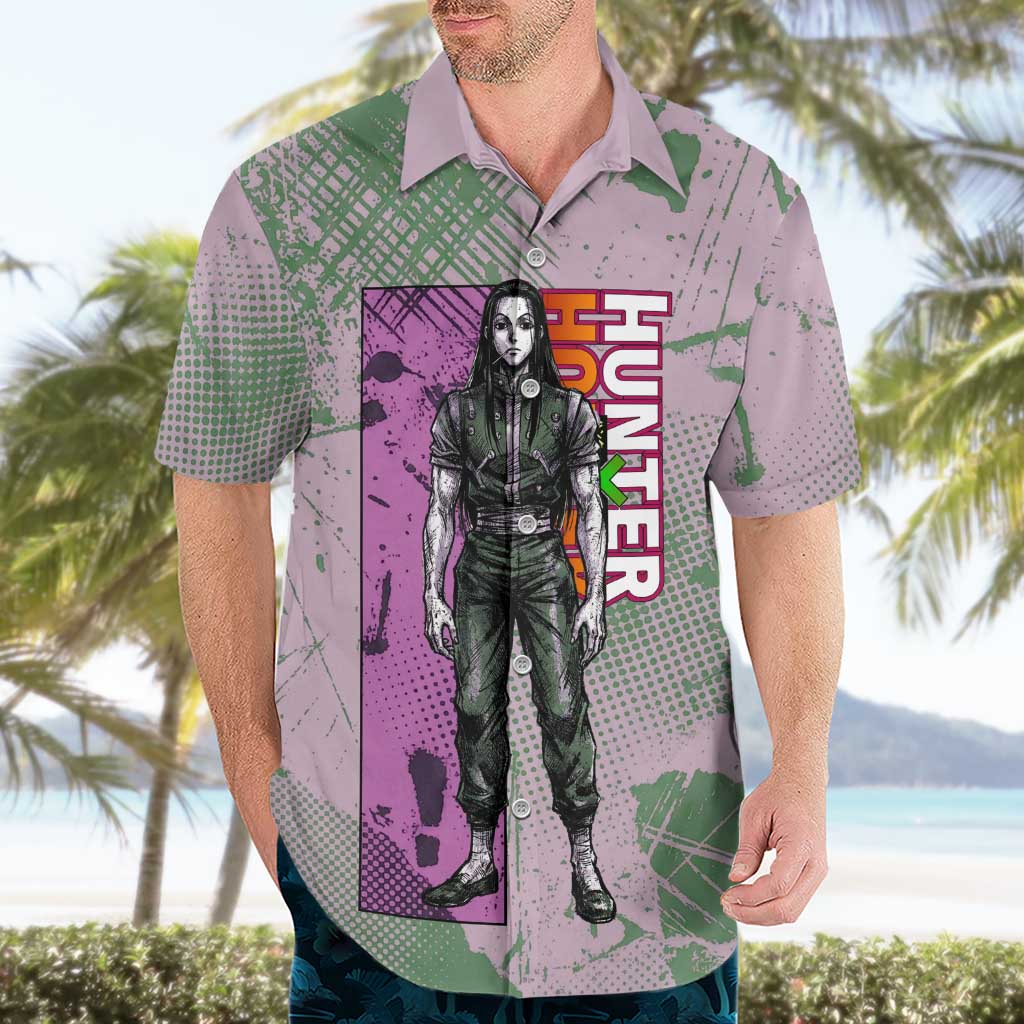 Alluka Zoldyck Theme Purple and Green Paint Splatter Design Hawaiian Shirt with Nen Ability Artwork and Character Card Style - The Mazicc