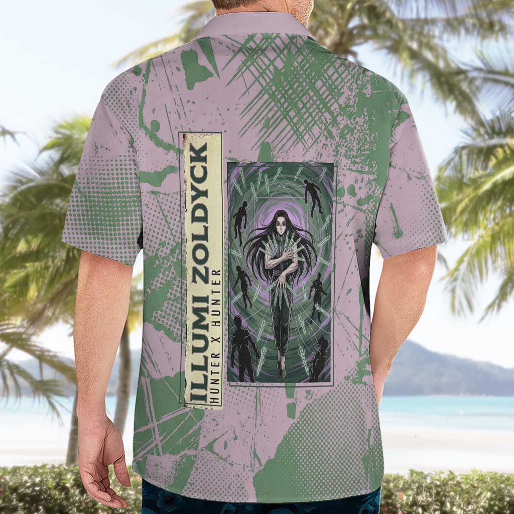 Alluka Zoldyck Theme Purple and Green Paint Splatter Design Hawaiian Shirt with Nen Ability Artwork and Character Card Style - The Mazicc