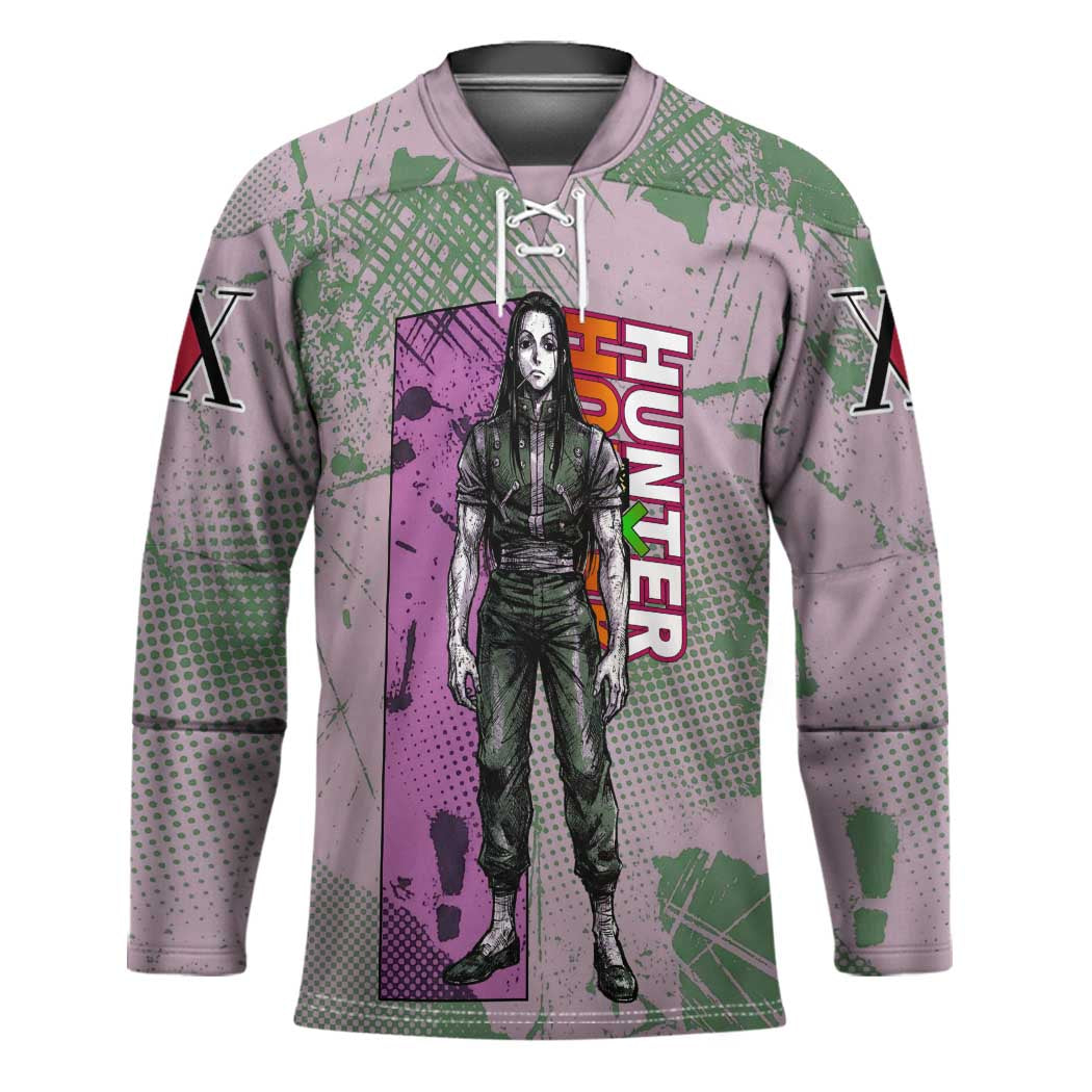 Alluka Zoldyck Theme Purple and Green Paint Splatter Design Hockey Jersey with Nen Ability Artwork and Character Card Style - The Mazicc