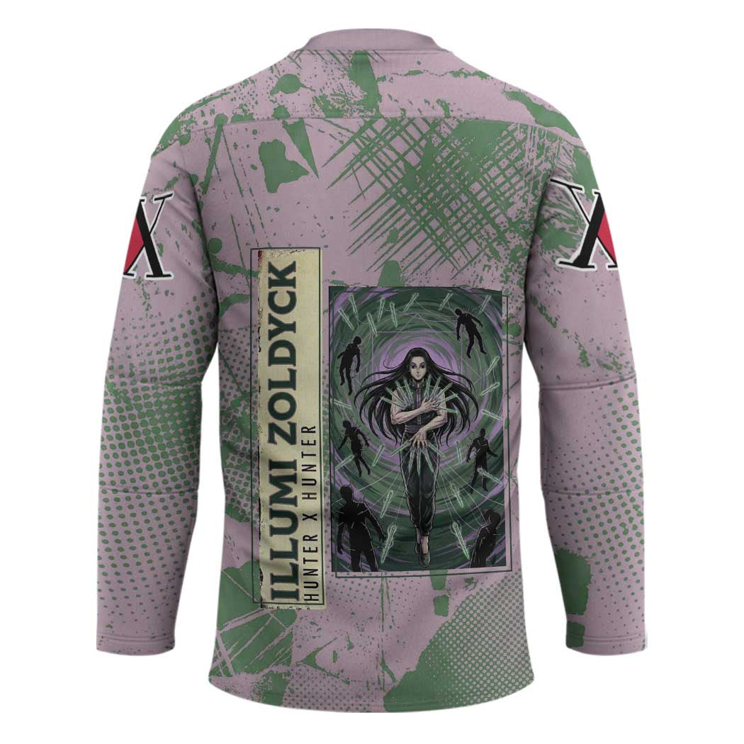 Alluka Zoldyck Theme Purple and Green Paint Splatter Design Hockey Jersey with Nen Ability Artwork and Character Card Style - The Mazicc