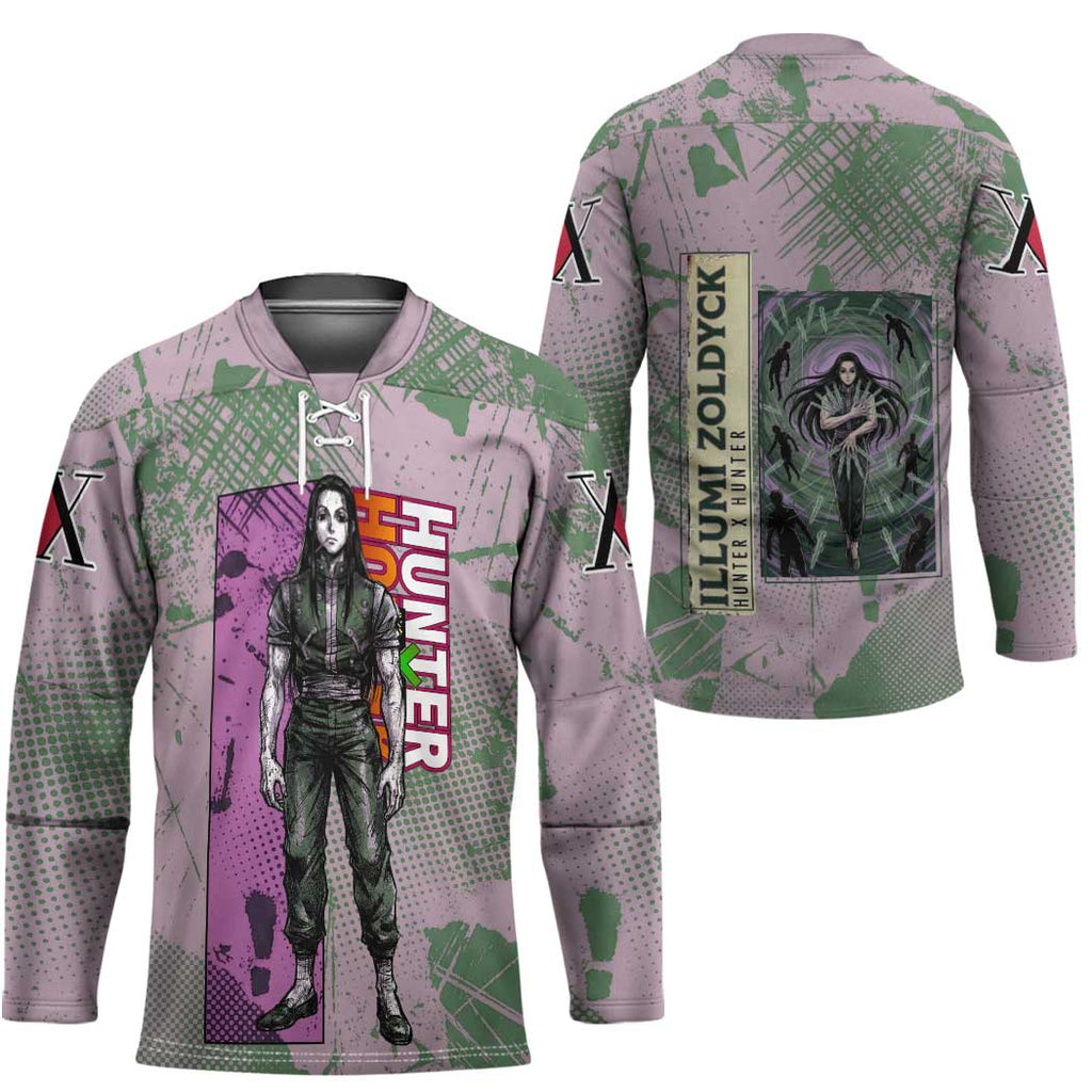 Alluka Zoldyck Theme Purple and Green Paint Splatter Design Hockey Jersey with Nen Ability Artwork and Character Card Style - The Mazicc