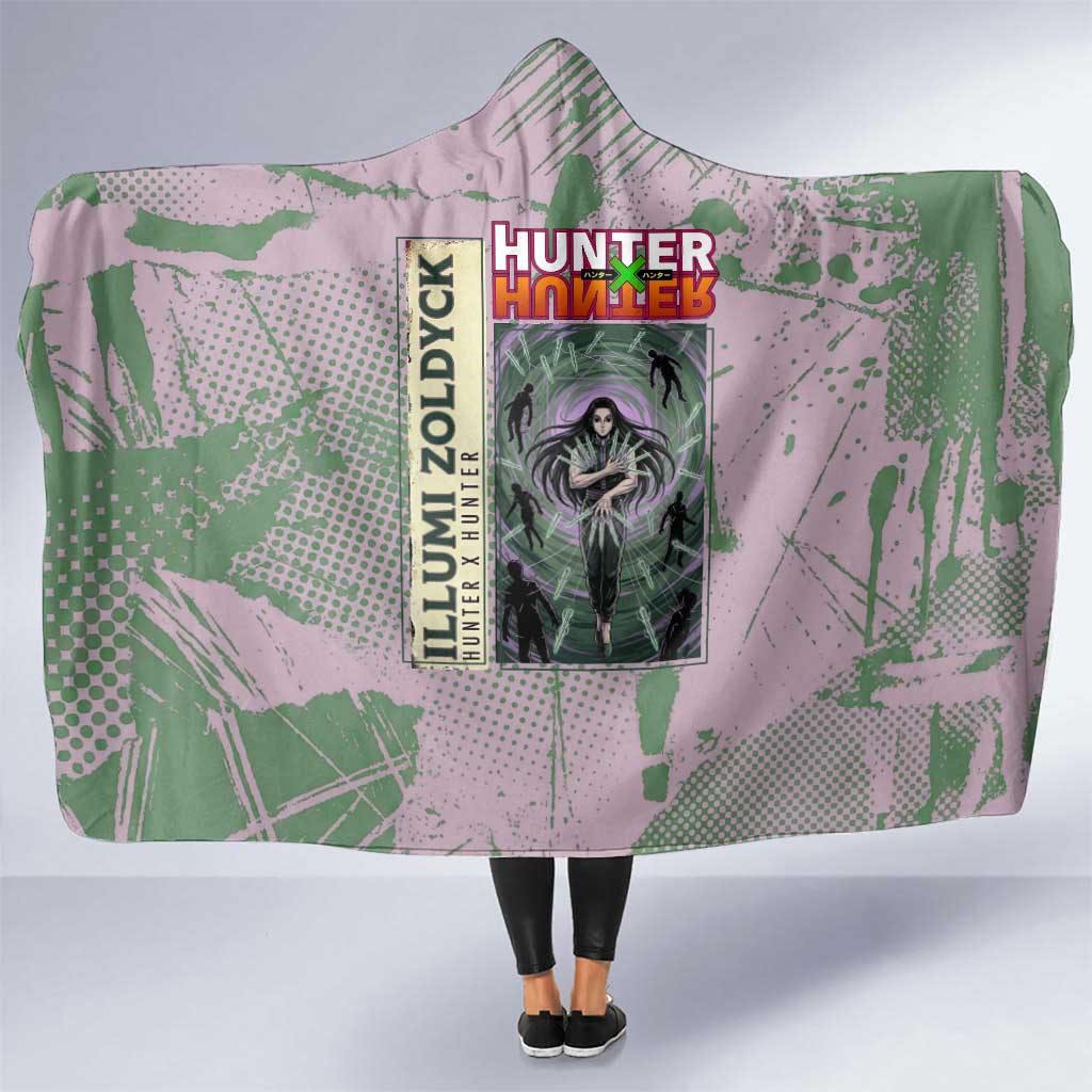 Alluka Zoldyck Theme Purple and Green Paint Splatter Design Hooded Blanket with Nen Ability Artwork and Character Card Style - The Mazicc