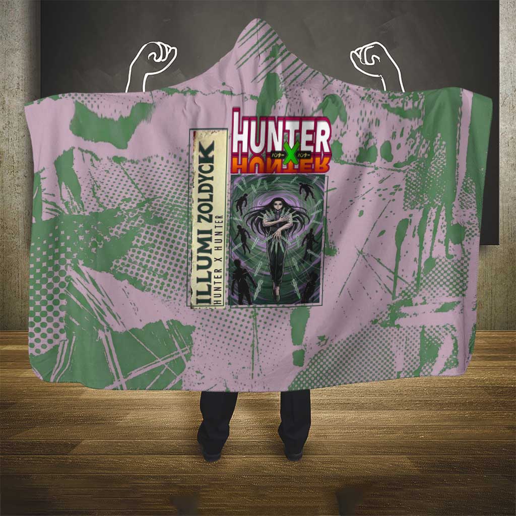 Alluka Zoldyck Theme Purple and Green Paint Splatter Design Hooded Blanket with Nen Ability Artwork and Character Card Style - The Mazicc