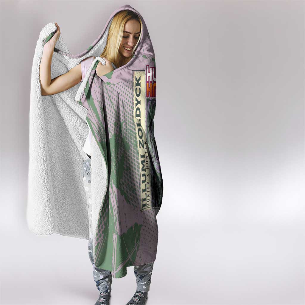Alluka Zoldyck Theme Purple and Green Paint Splatter Design Hooded Blanket with Nen Ability Artwork and Character Card Style - The Mazicc