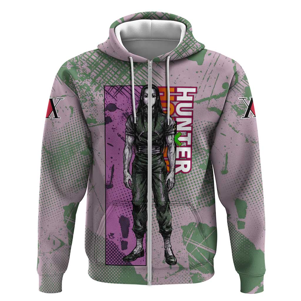 Alluka Zoldyck Theme Purple and Green Paint Splatter Design Hoodie with Nen Ability Artwork and Character Card Style - The Mazicc