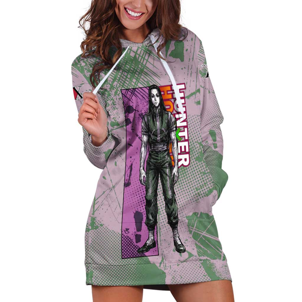 Alluka Zoldyck Theme Purple and Green Paint Splatter Design Hoodie Dress with Nen Ability Artwork and Character Card Style - The Mazicc