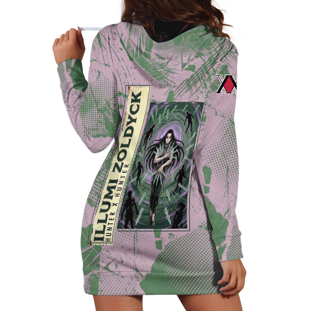Alluka Zoldyck Theme Purple and Green Paint Splatter Design Hoodie Dress with Nen Ability Artwork and Character Card Style - The Mazicc