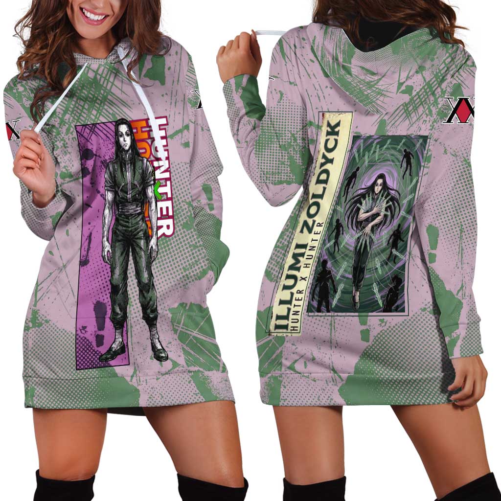 Alluka Zoldyck Theme Purple and Green Paint Splatter Design Hoodie Dress with Nen Ability Artwork and Character Card Style - The Mazicc