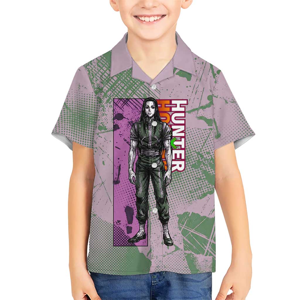 Alluka Zoldyck Theme Purple and Green Paint Splatter Design Kid Hawaiian Shirt with Nen Ability Artwork and Character Card Style - The Mazicc