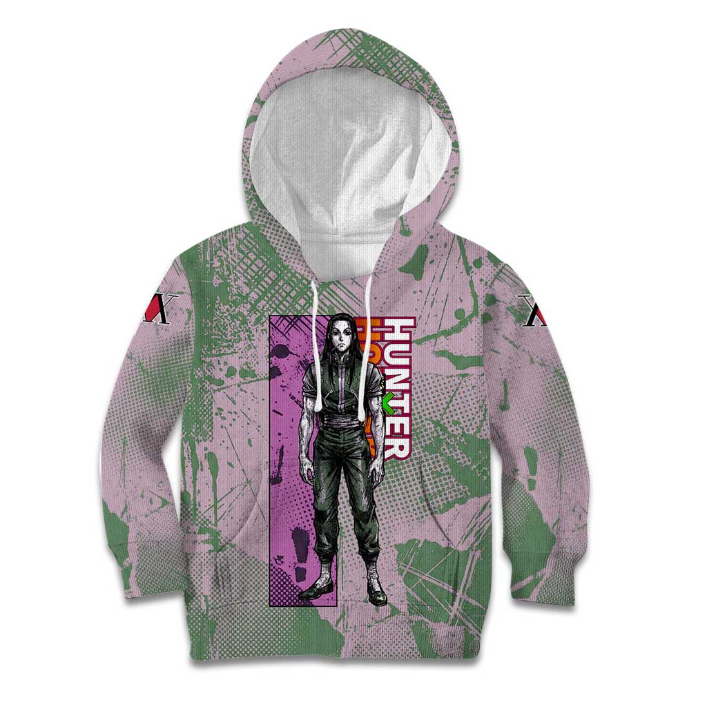 Alluka Zoldyck Theme Purple and Green Paint Splatter Design Kid Hoodie with Nen Ability Artwork and Character Card Style - The Mazicc